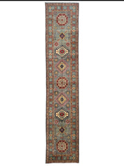 Hand-Knotted Afghan Kazak Wool Runner Rug – 2'7" x 12'3" – Traditional Geometric Design Rugistan