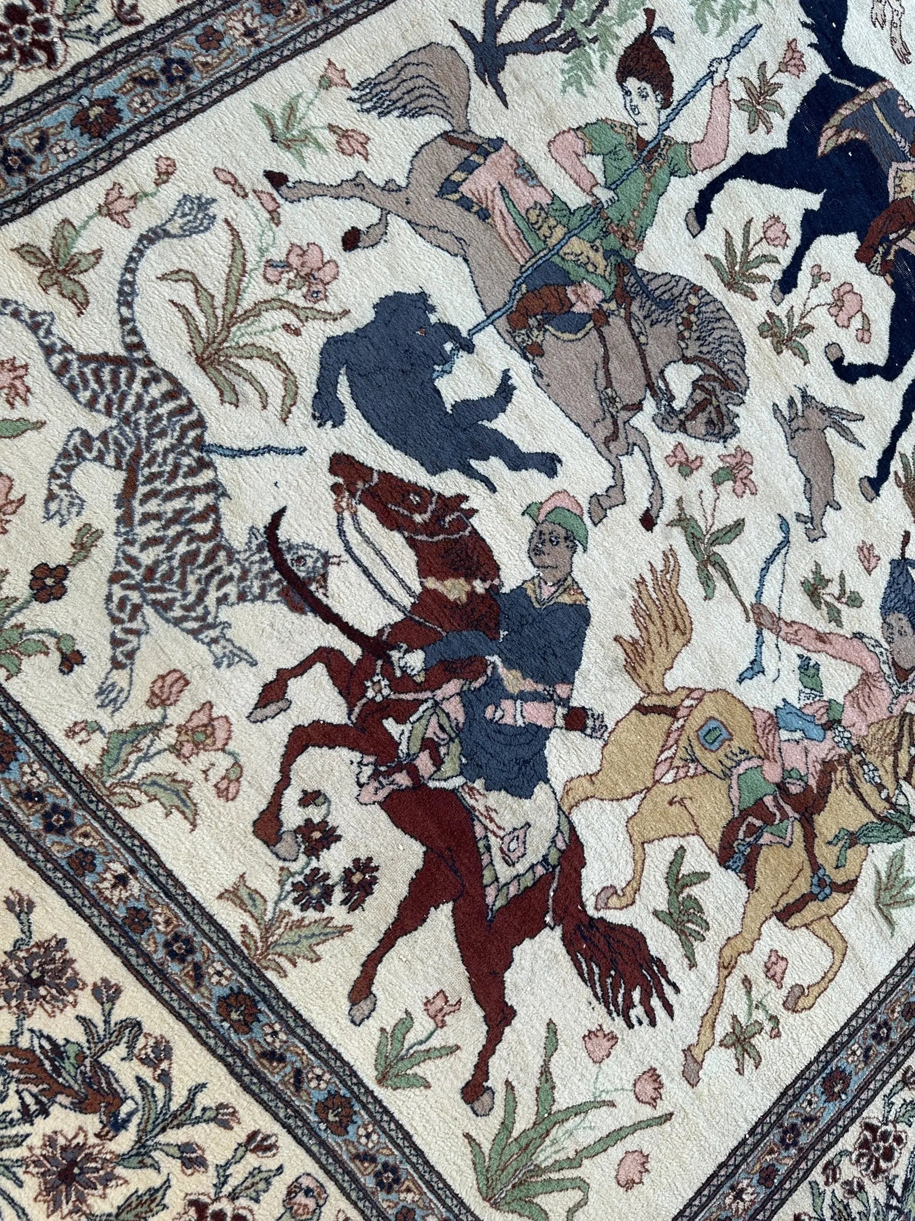 Hand-Knotted Lahore Hunting Scene Wool Rug – 8’ x 11’3” – Vintage 1950s Persian-Style Masterpiece Rugistan