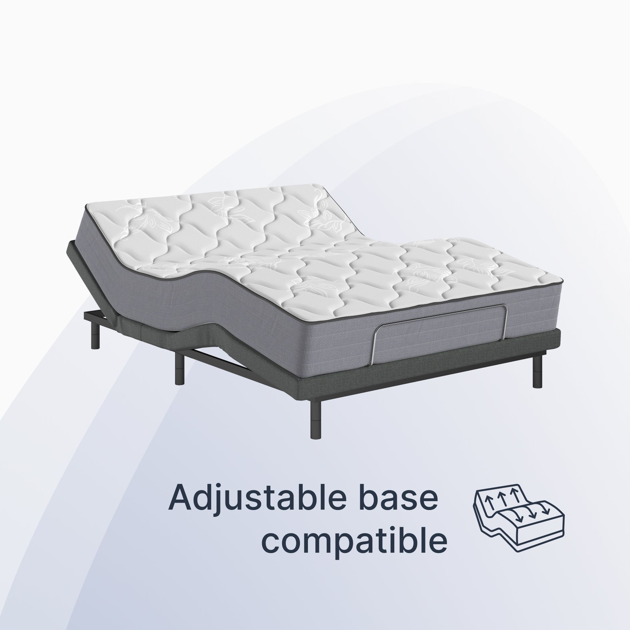 Mattress on an adjustable base with text indicating compatibility.
