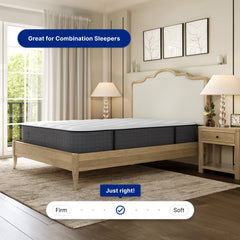 Bed with mattress on a wooden bed frame in a bedroom setting, featuring text about suitability for combination sleepers.
