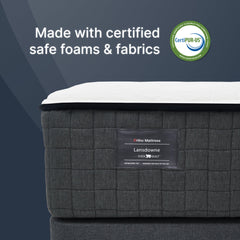 Gray mattress with CertiPUR-US label on a dark background