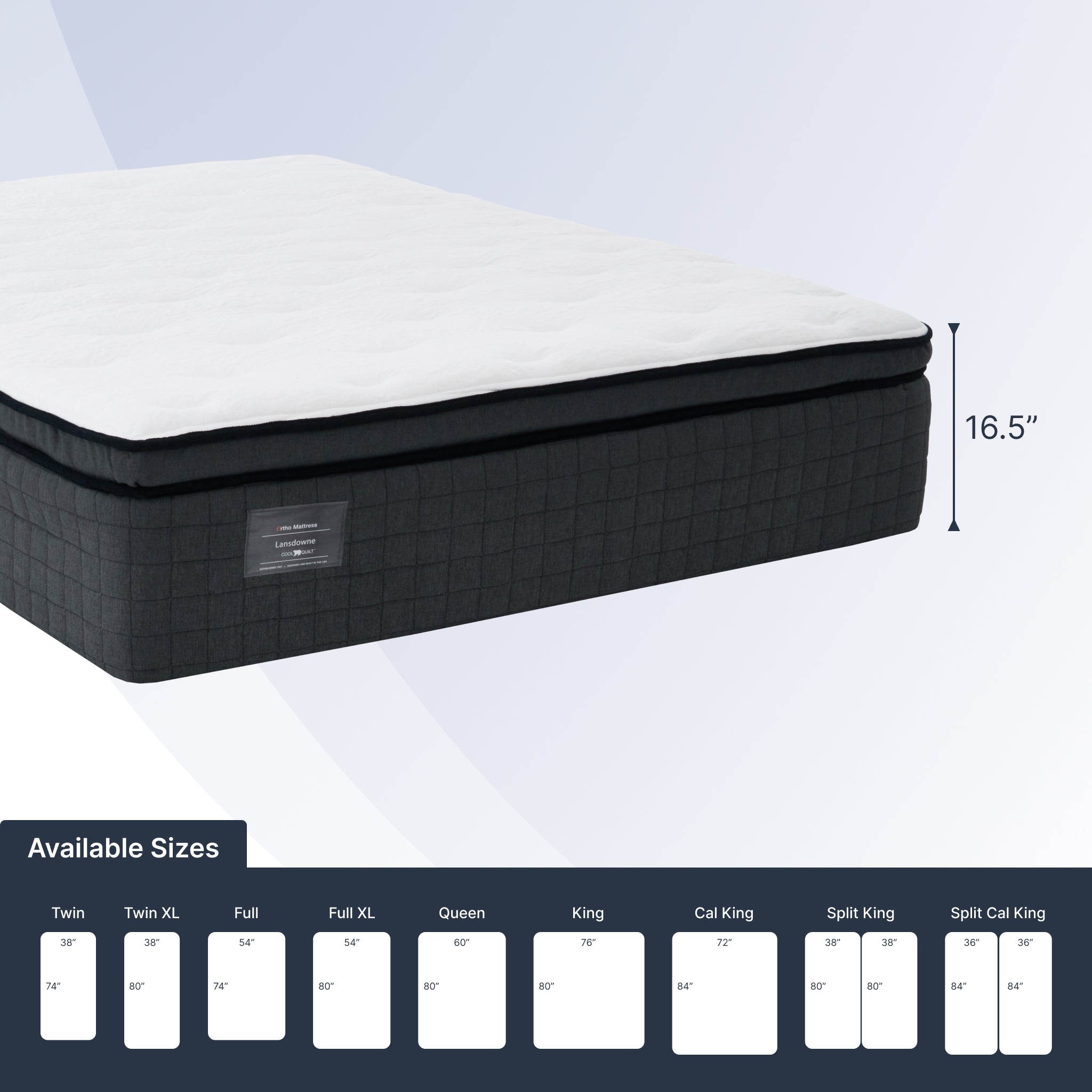 Mattress with dimensions and size chart on a light gray background