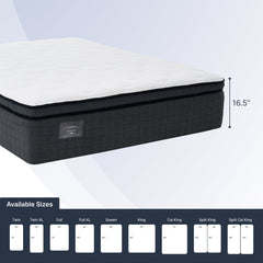 Mattress with dimensions and size chart on a light gray background
