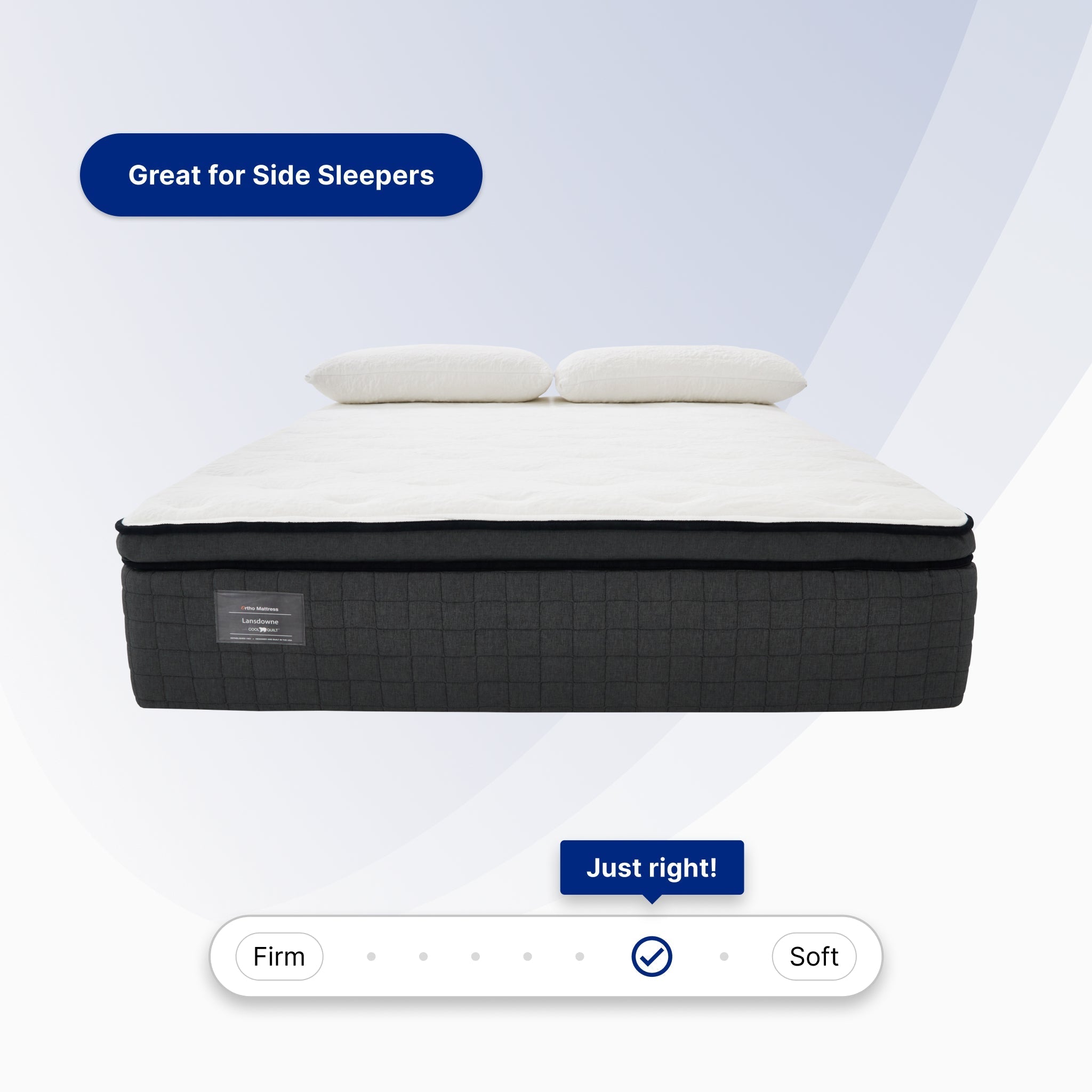 Mattress with text indicating it's great for side sleepers and has a firmness scale.