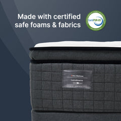 Gray mattress with CertiPUR-US logo and text on a dark blue background