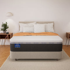 Mattress with brand label in a bedroom setting
