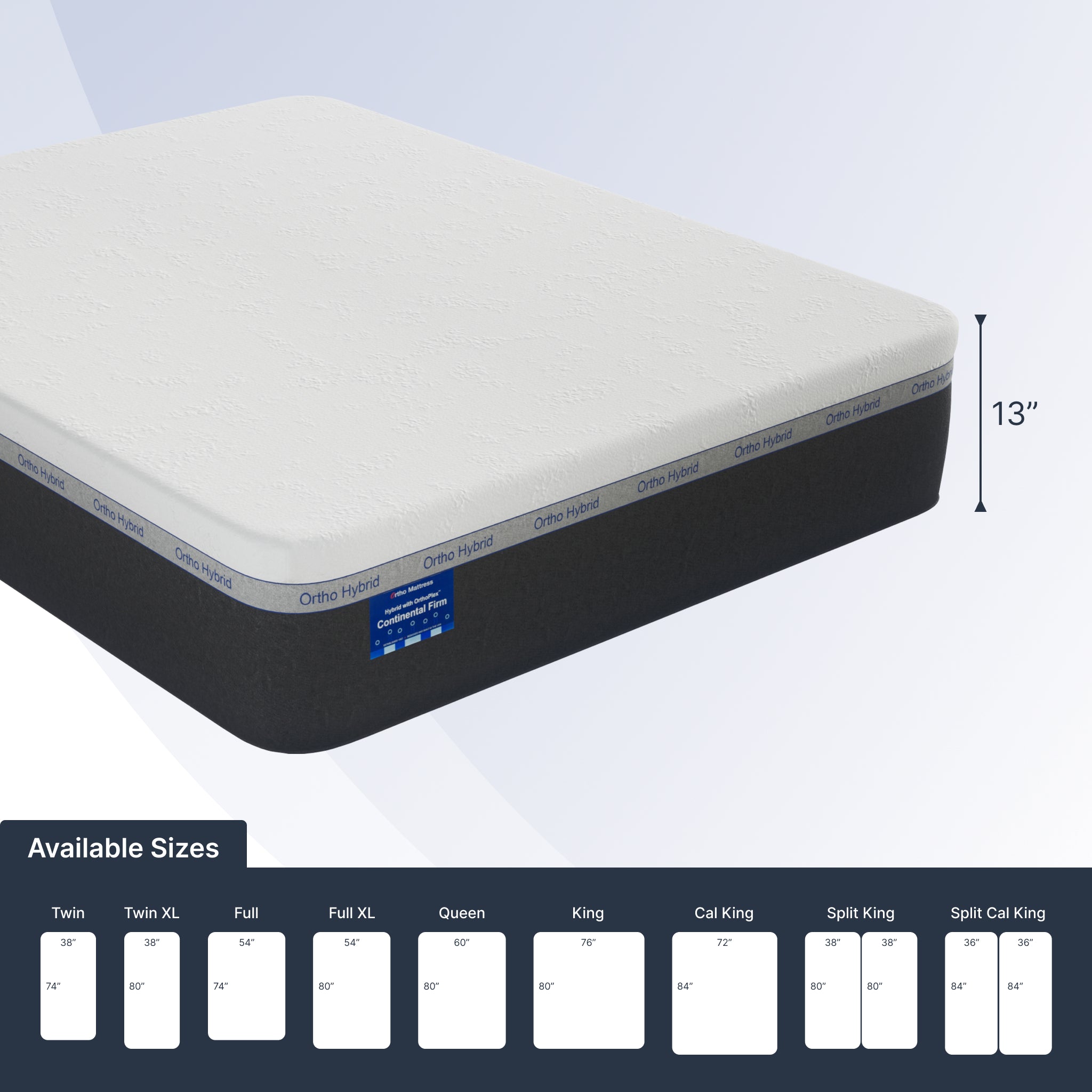 Mattress with size chart on a white background