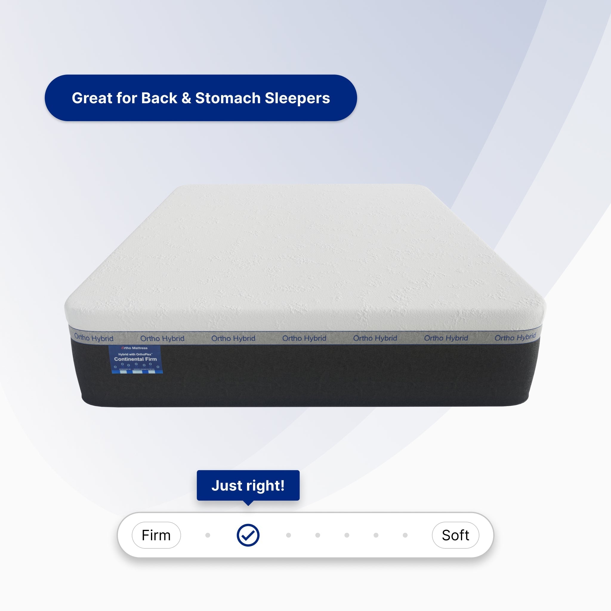 Mattress with Ortho Hybrid branding and text indicating it's great for back and stomach sleepers.