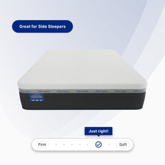 Mattress with side sleepers feature and firmness scale on a light blue background