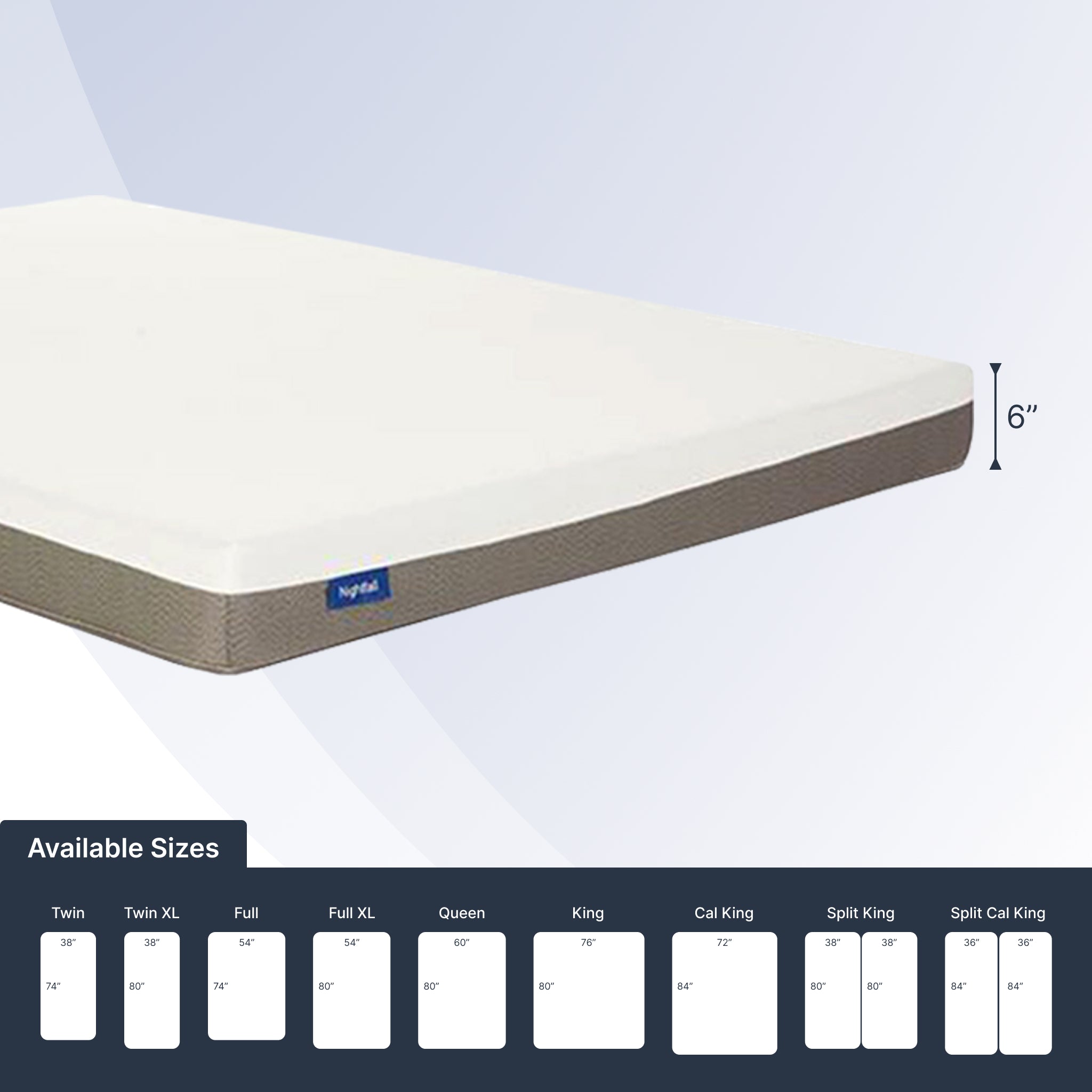 Mattress with size chart on a white background