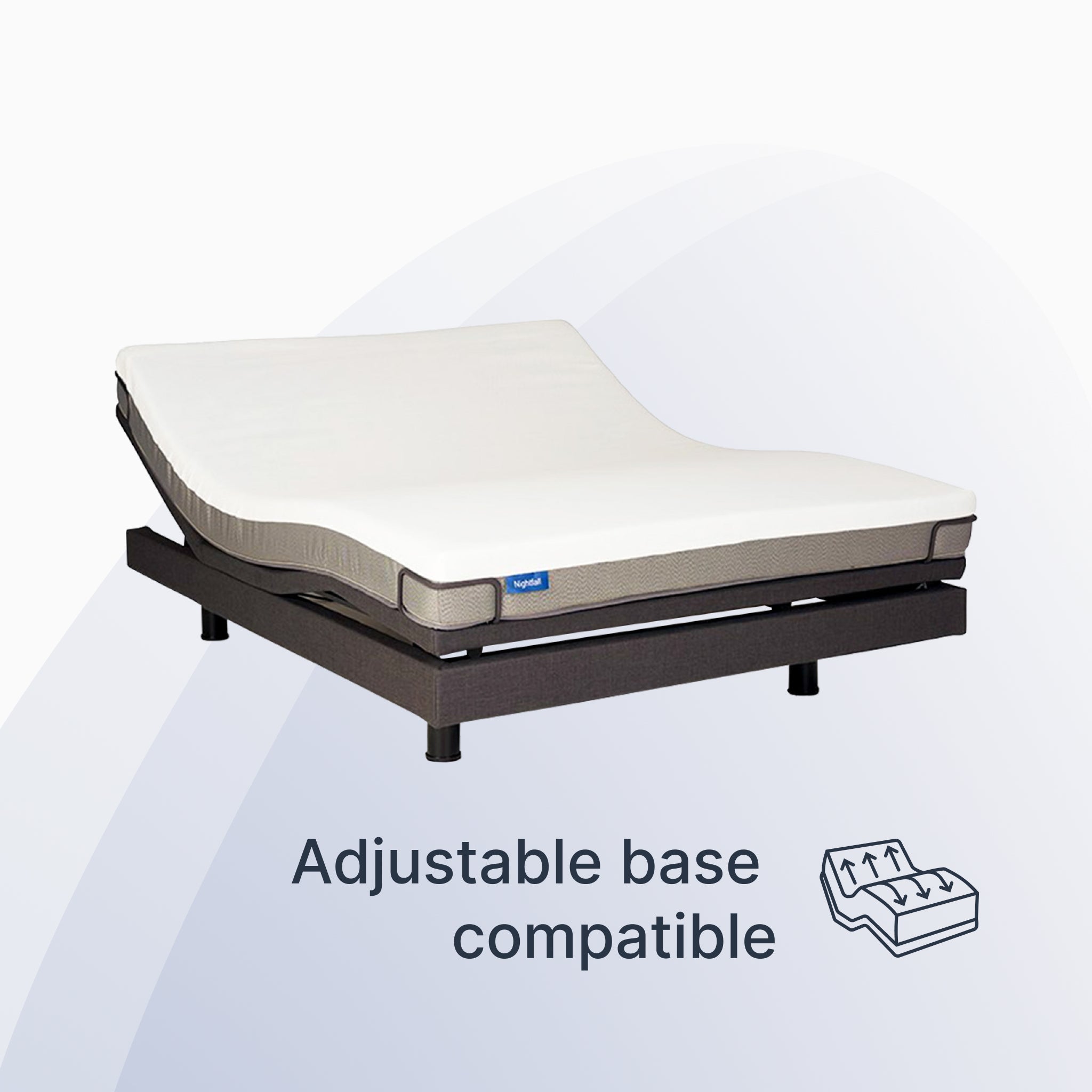 Mattress on an adjustable base with 'Adjustable base compatible' text and logo.