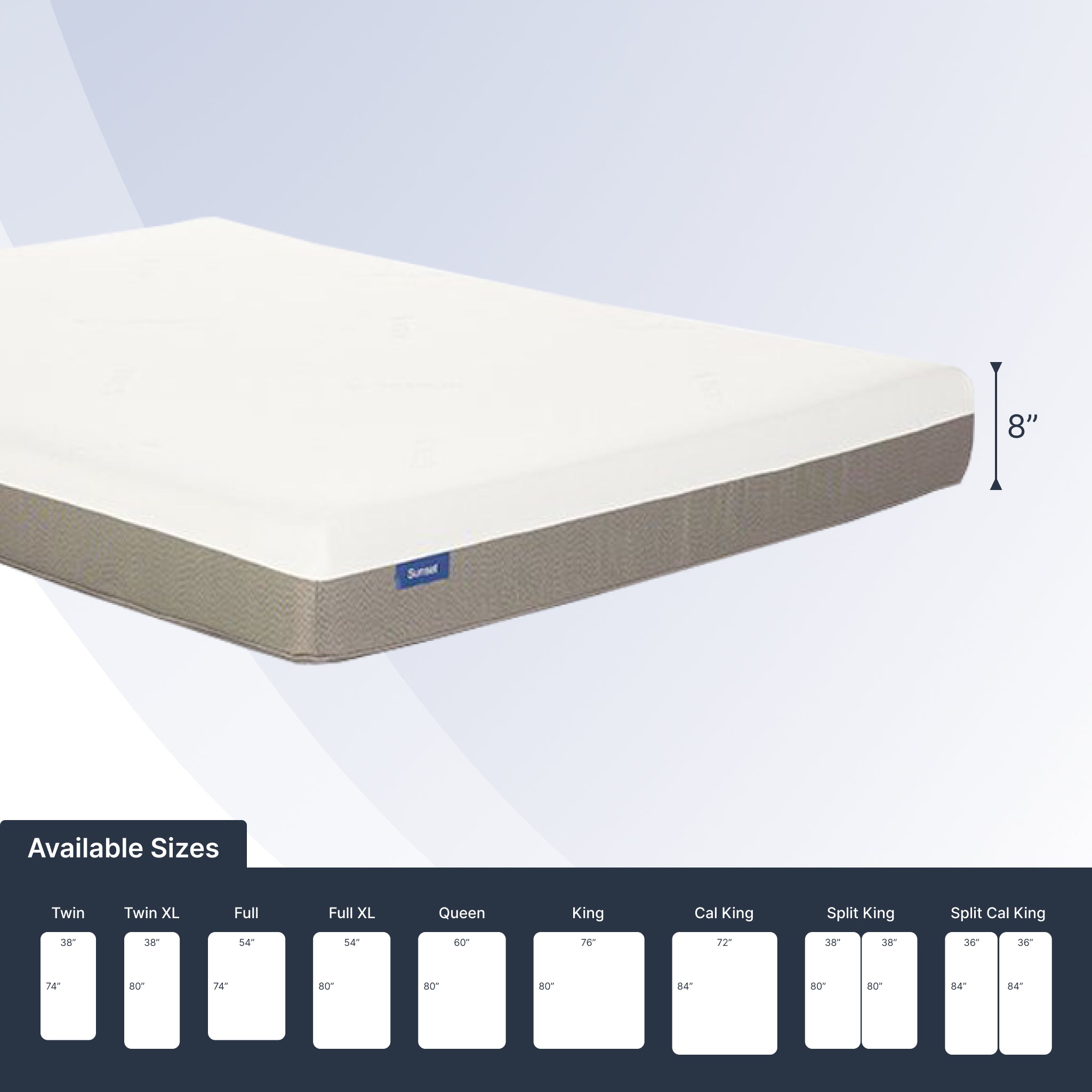 Mattress with size chart on a light gray background