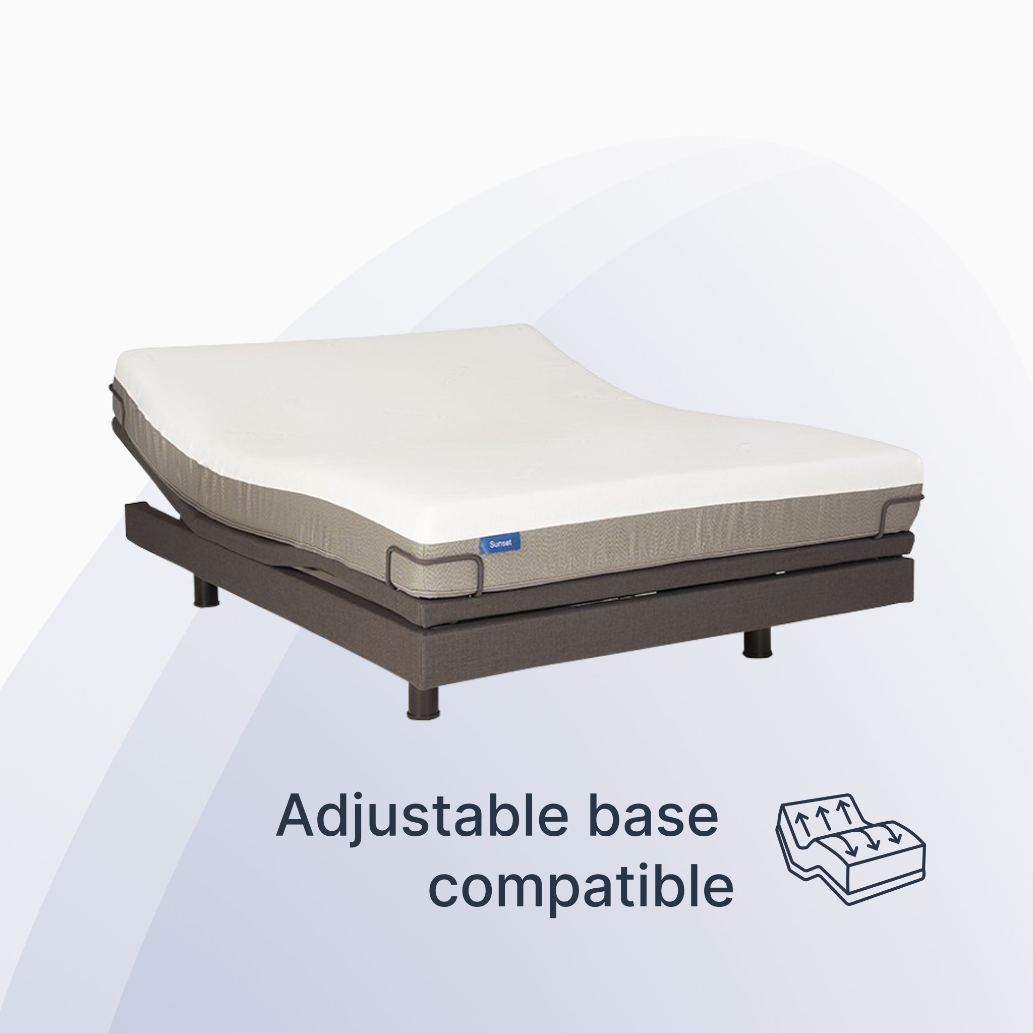 Mattress on an adjustable base with 'Adjustable base compatible' text and icon on a white background