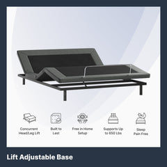 Lift adjustable base with features listed on a white background