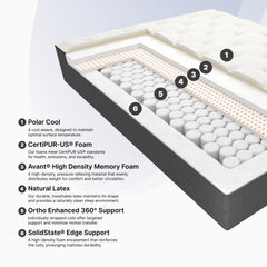Cross-section of a mattress with labeled layers on a light gray background