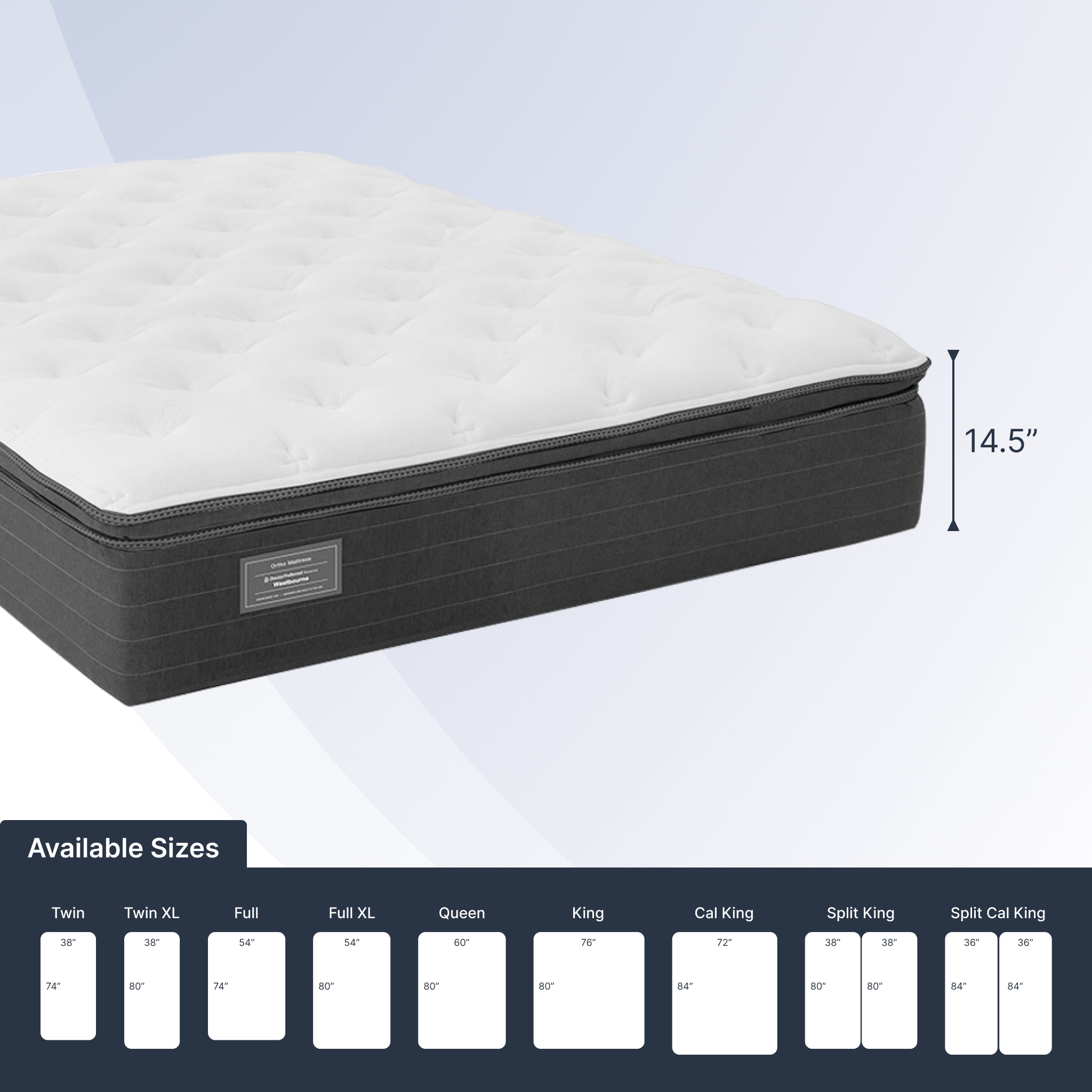 Mattress with size chart on a light gray background