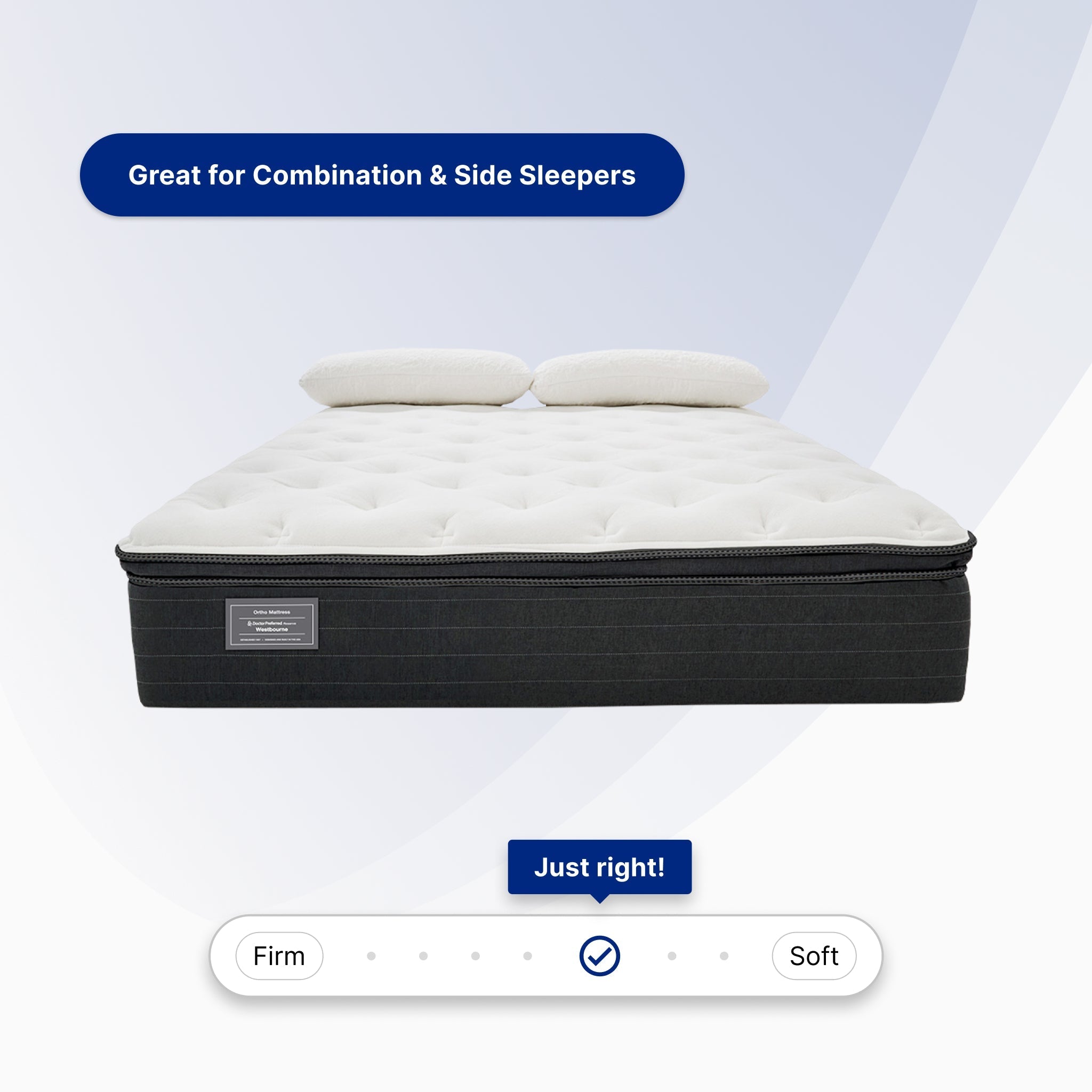 Mattress with text indicating it's suitable for combination and side sleepers, on a light gray background.