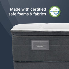 Gray mattress with CertiPUR-US logo and text 'Made with certified safe foams & fabrics' on a dark gray background.