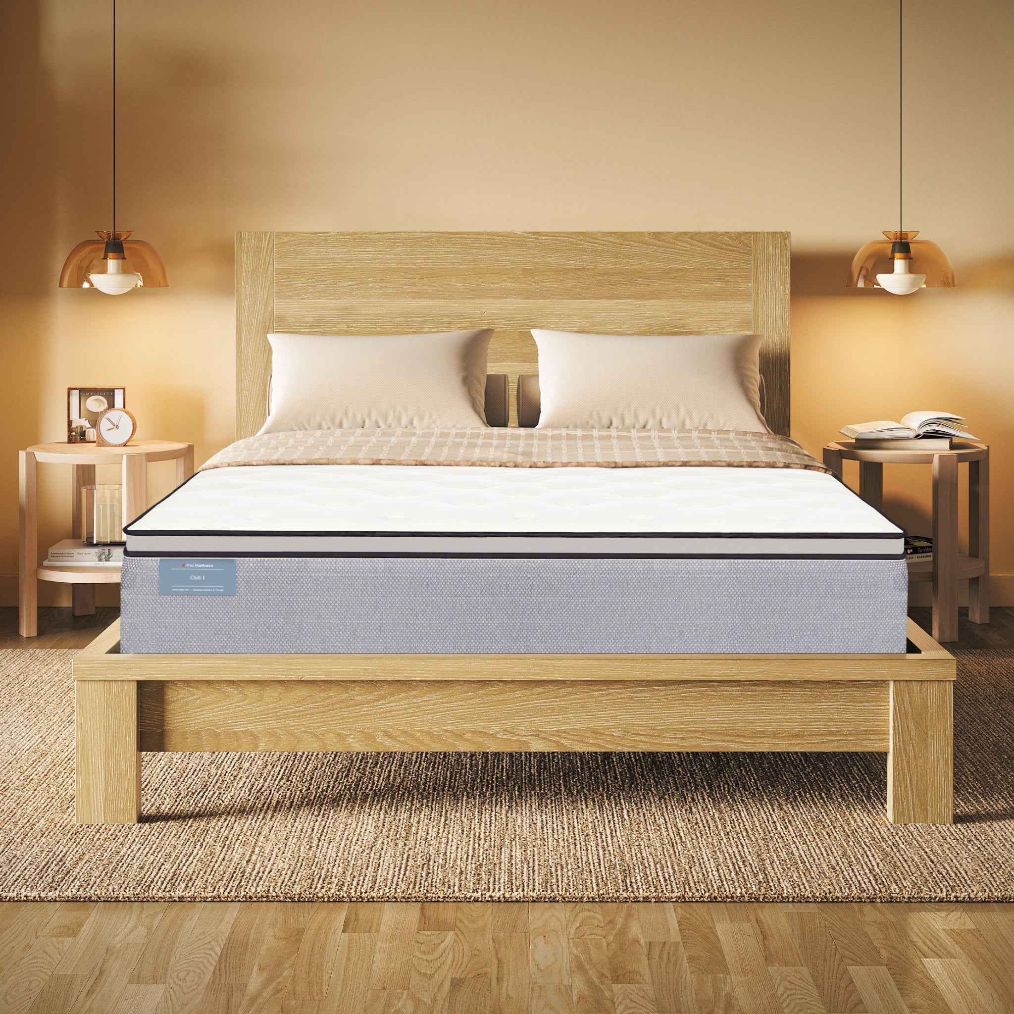 Mattress on a wooden bed frame in a bedroom setting with warm lighting.
