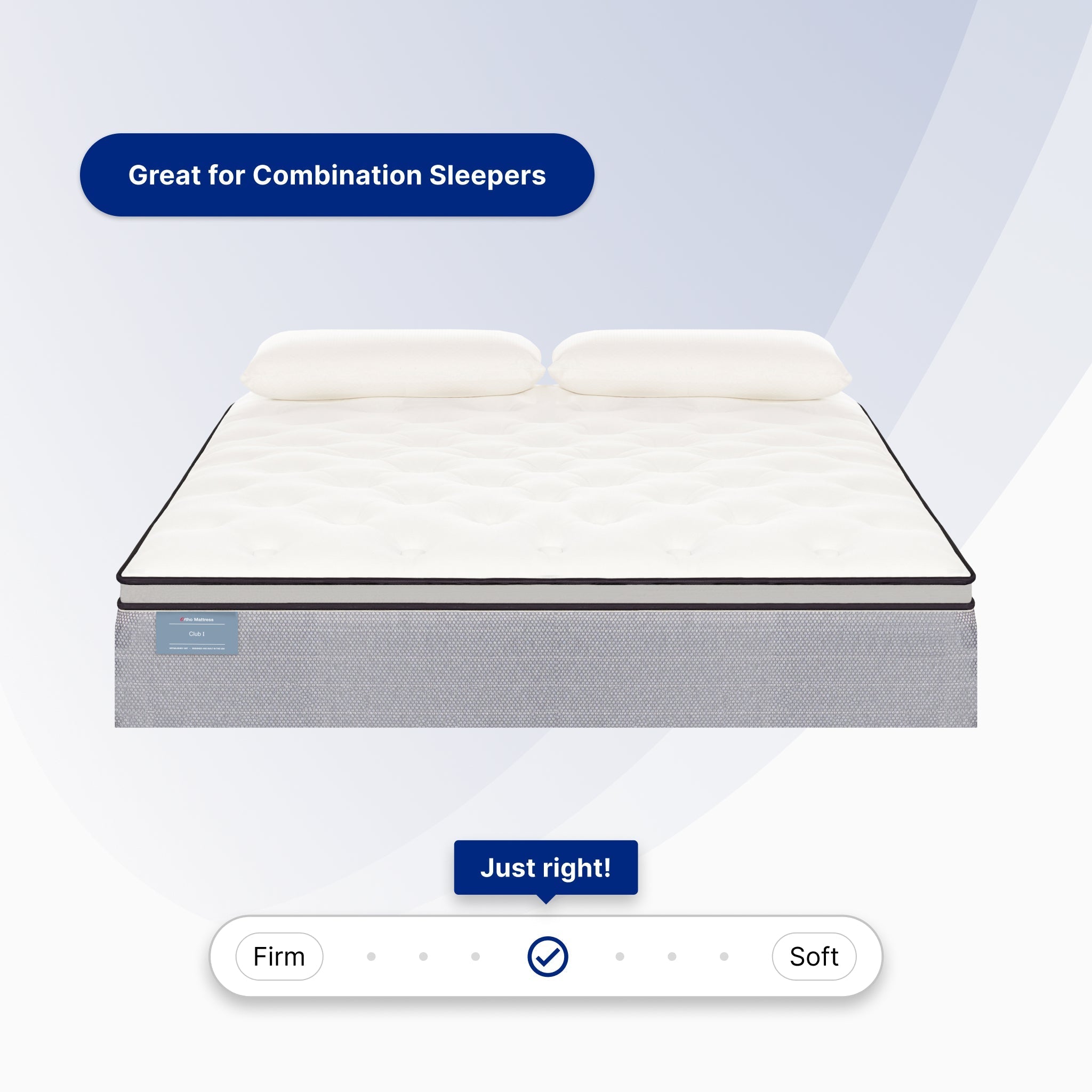Mattress with labeled firmness options on a light gray background