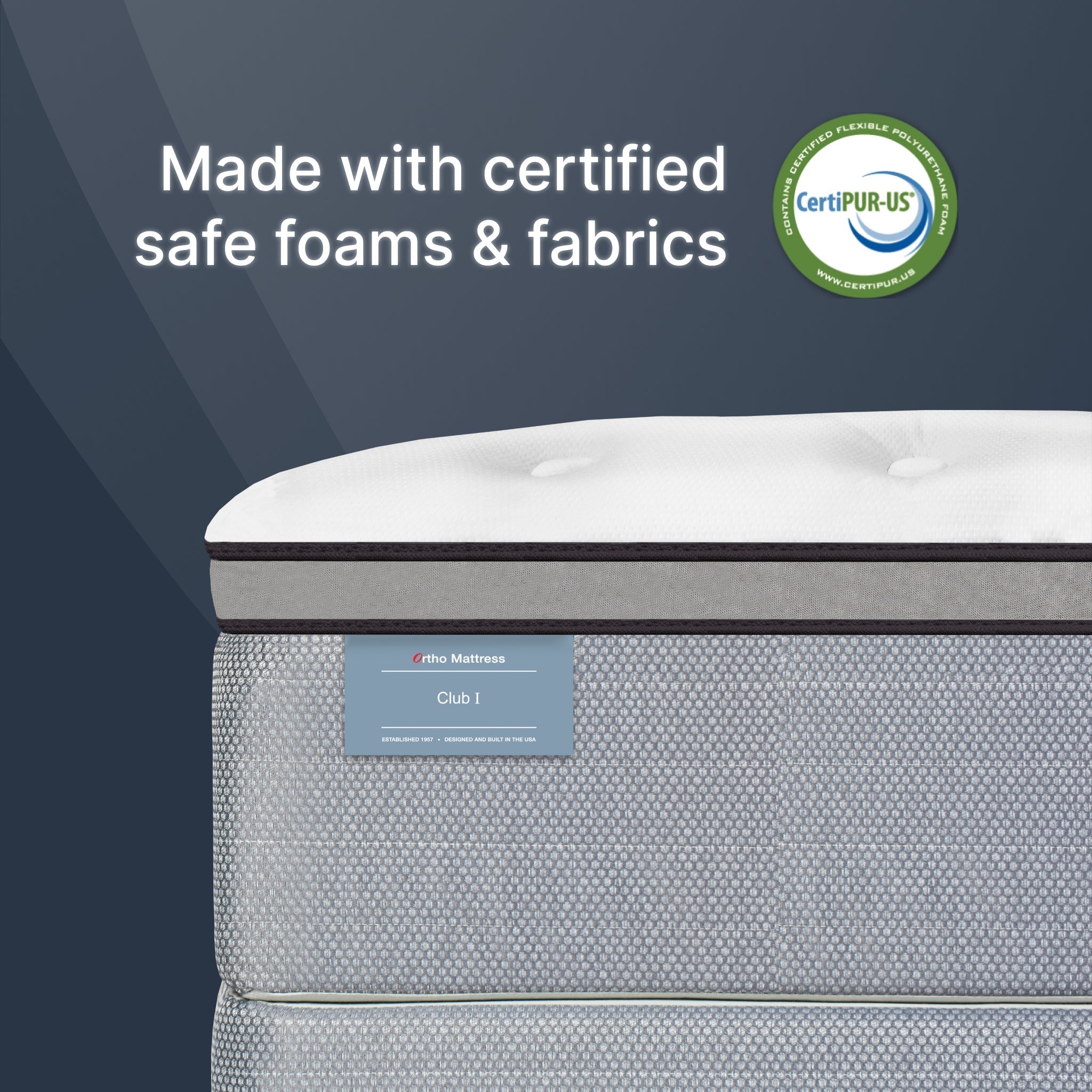 Mattress with CertiPUR-US certification logo on a dark blue background