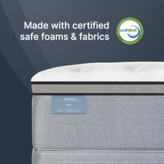 Mattress with CertiPUR-US certification logo on a dark blue background