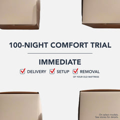 Advertisement for a 100-night comfort trial with mattress boxes and text on a white background.