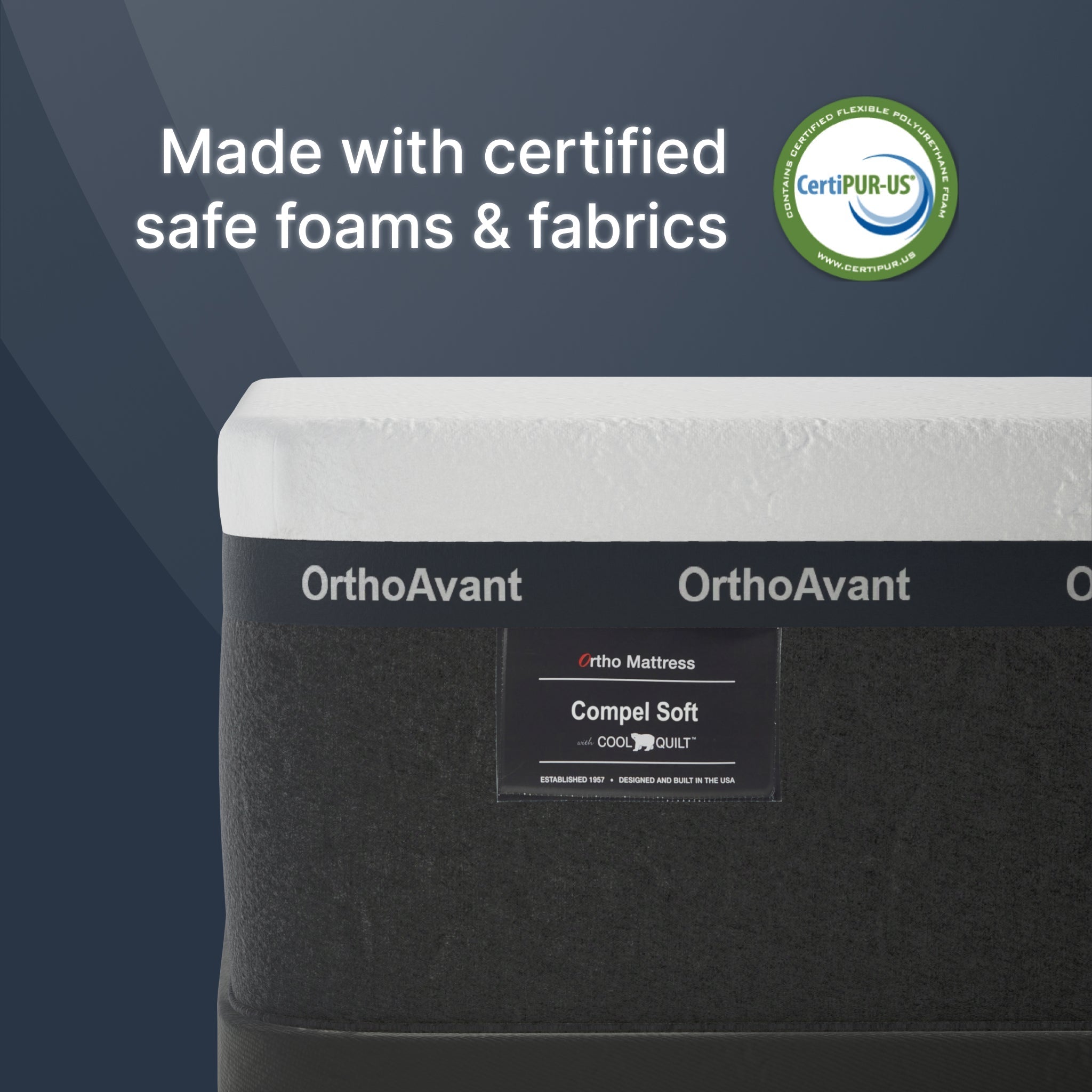 OrthoAvant mattress with CertiPUR-US logo on a dark background