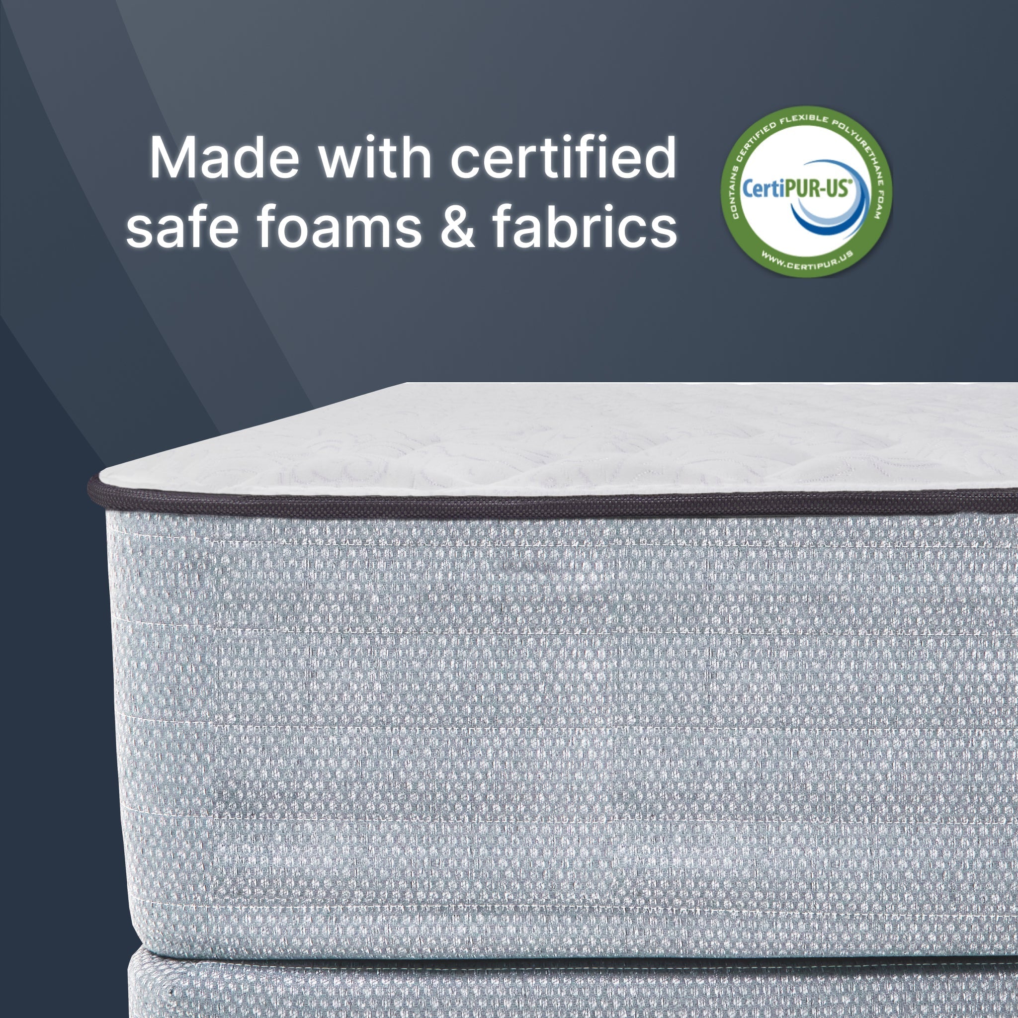 Mattress with CertiPUR-US certification logo on a dark blue background