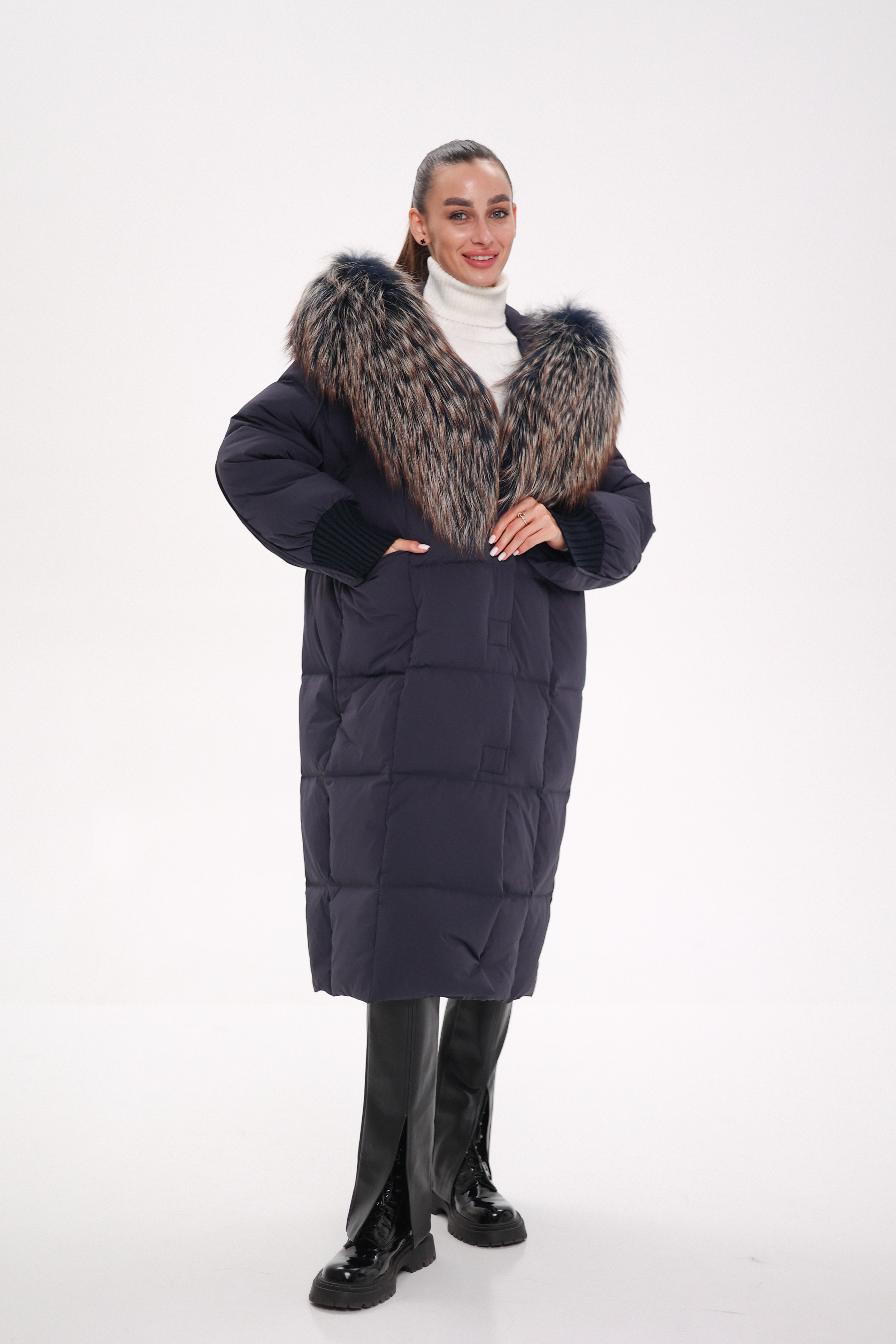 Rei Genuine Fur Trim Hooded Down Coat in Navy Alaska® Outerwear Company