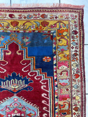 Hand-Knotted Antique Turkish Melas Wool Rug – 4'3" x 5'11" – Vibrant Geometric Motifs Rugistan