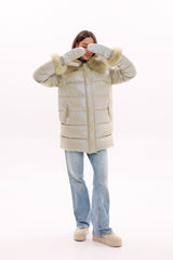 Genuine Fox Fur Down Coat with Fur Trim Mittens