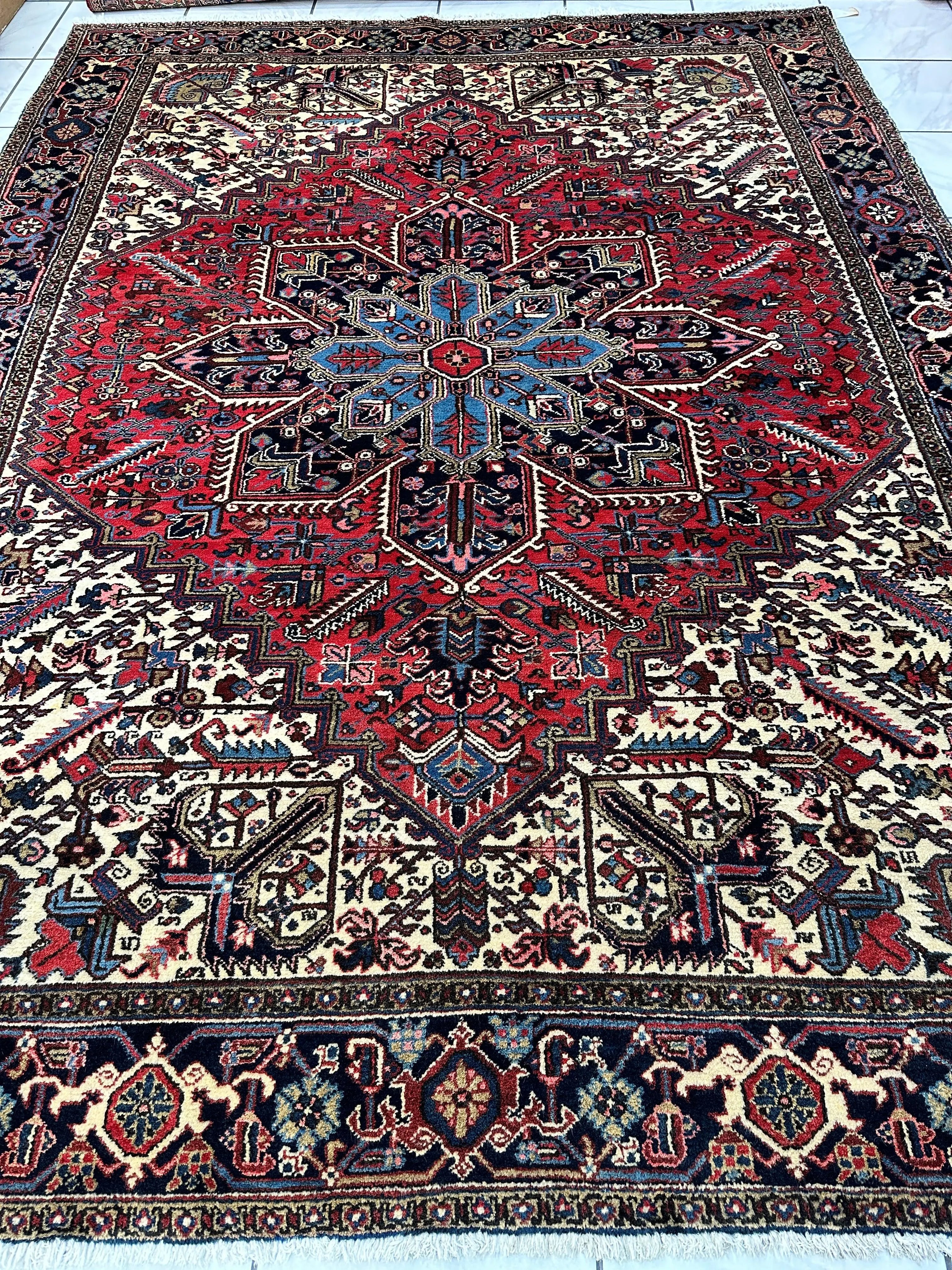 Hand-Knotted Persian Heriz Wool Rug – 9’ x 12’ – Geometric Medallion Design Rugistan