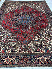 Hand-Knotted Persian Heriz Wool Rug – 9’ x 12’ – Geometric Medallion Design Rugistan
