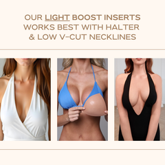 Three women wearing various neckline designs with text about light boost inserts.