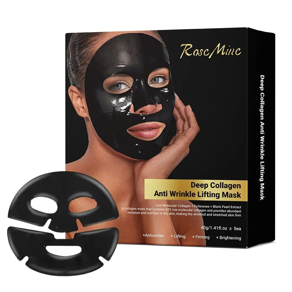 A box of Rose Mine Deep Collagen Anti Wrinkle Lifting Mask with a visual of a woman wearing the black face mask. The box highlights the product features such as hydration, lifting, firming, and brightness.