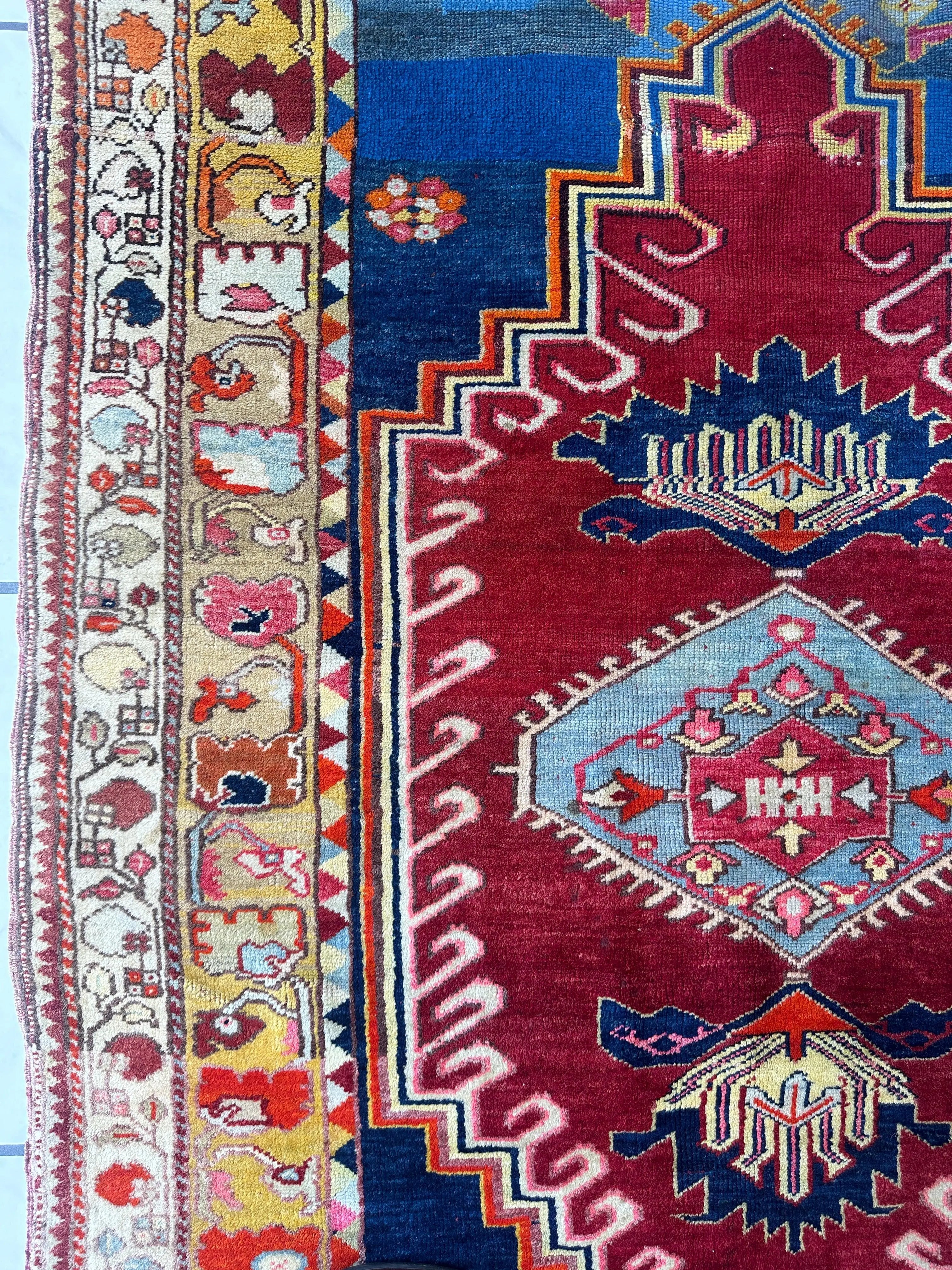 Hand-Knotted Antique Turkish Melas Wool Rug – 4'3" x 5'11" – Vibrant Geometric Motifs Rugistan