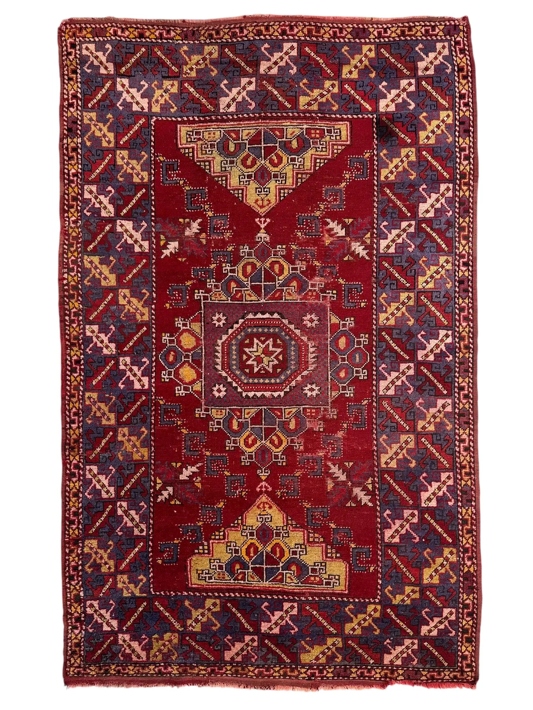 Dezgiri Anatolian Tribal Wool Rug – 5’x8’– Hand-Knotted Red Medallion Rug with Geometric Motifs Rugistan
