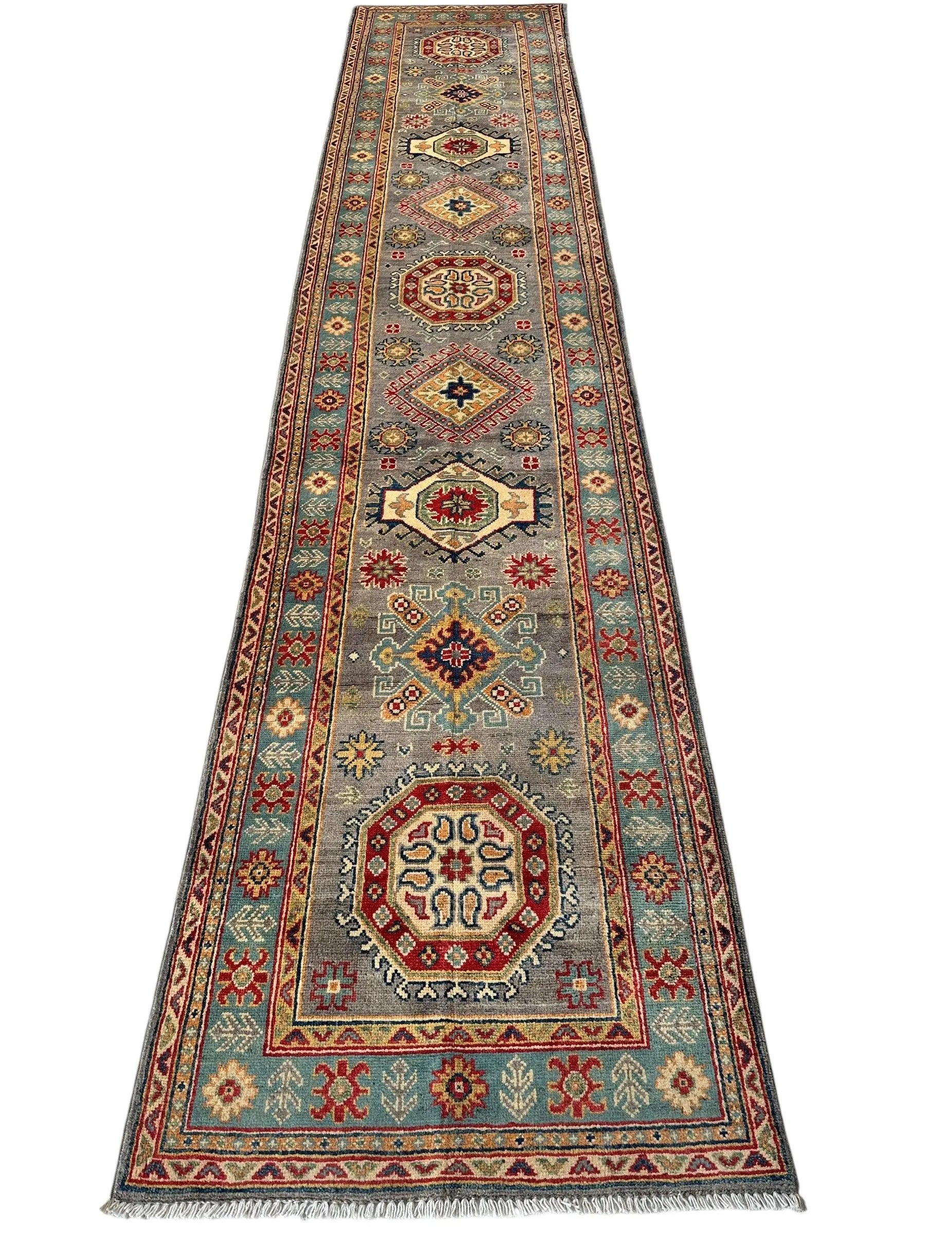 Hand-Knotted Afghan Kazak Wool Runner Rug – 2'7" x 12'3" – Traditional Geometric Design Rugistan