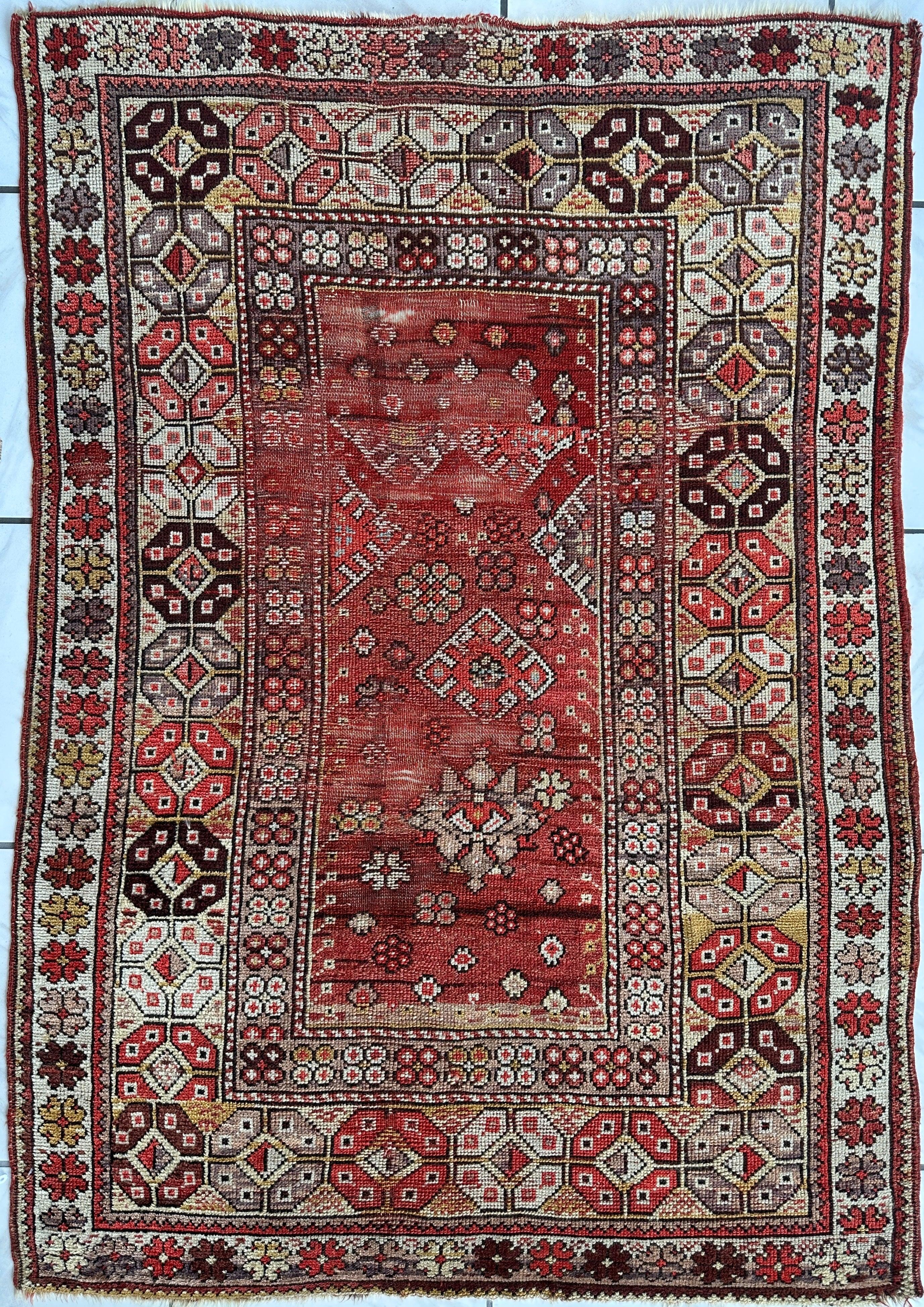 Antique Turkish Wool Distressed Prayer Rug 4’3” x 5’11” Rugistan