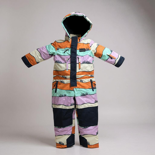 Colorful children's snowsuit with a pattern on a gray background