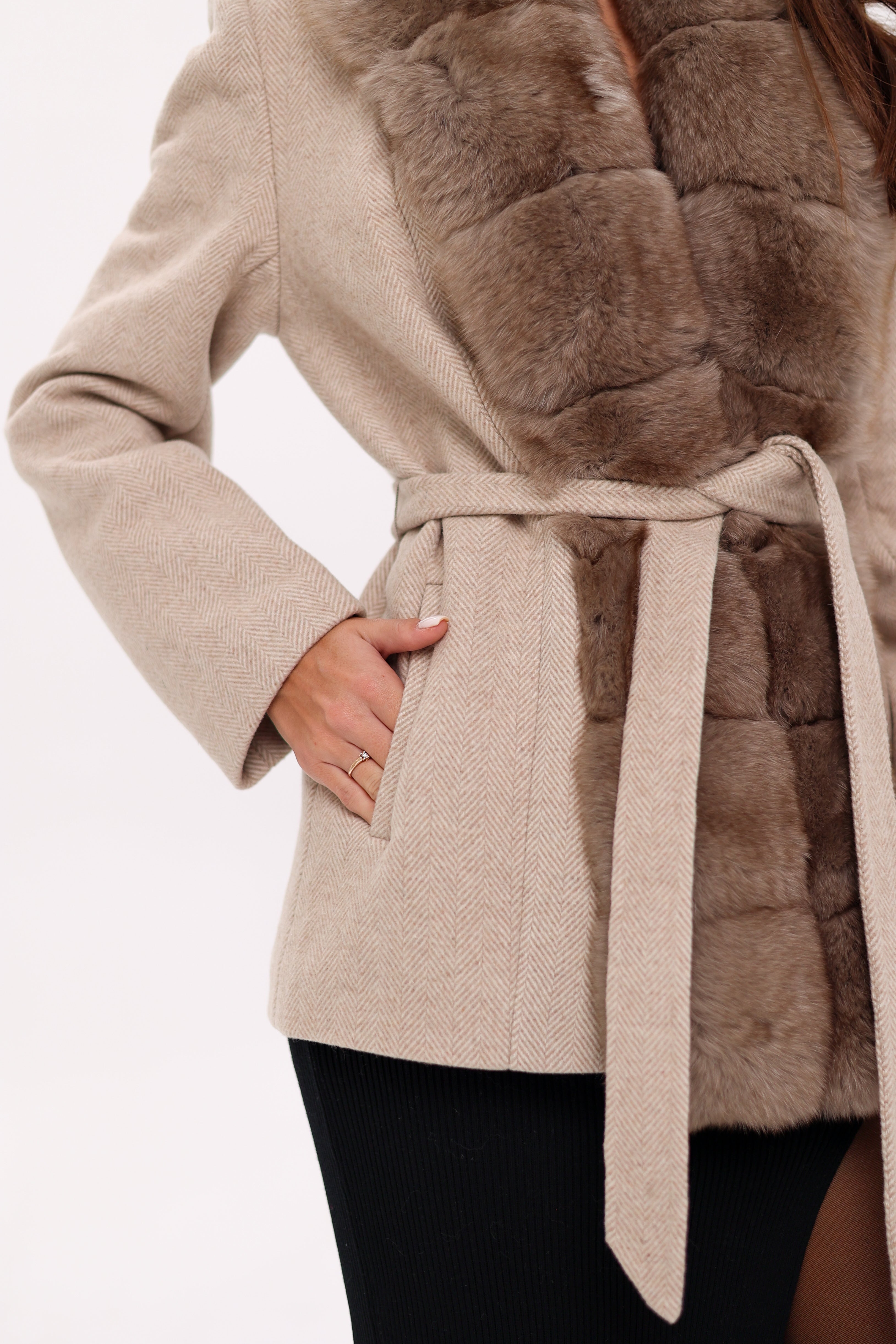 Genuine Polar Fox Fur Virgin Wool Coat in Nude Alaska® Outerwear Company