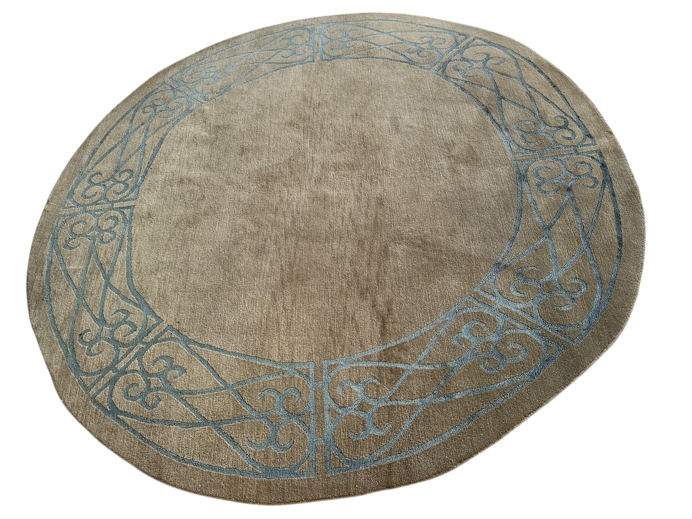 Hand-Knotted Tibetan Rug - 6' x 6'1" Round - Wool & Silk - Elegant Blue Border Design Rugistan