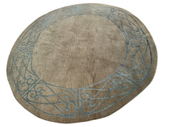 Hand-Knotted Tibetan Rug - 6' x 6'1" Round - Wool & Silk - Elegant Blue Border Design Rugistan
