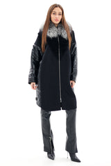 Genuine Silver Fox Fur Italian Cashmere Wool Freudenberg Comfortemp® Coat