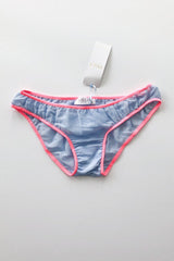 Blue patterned underwear with pink trim on a gray background