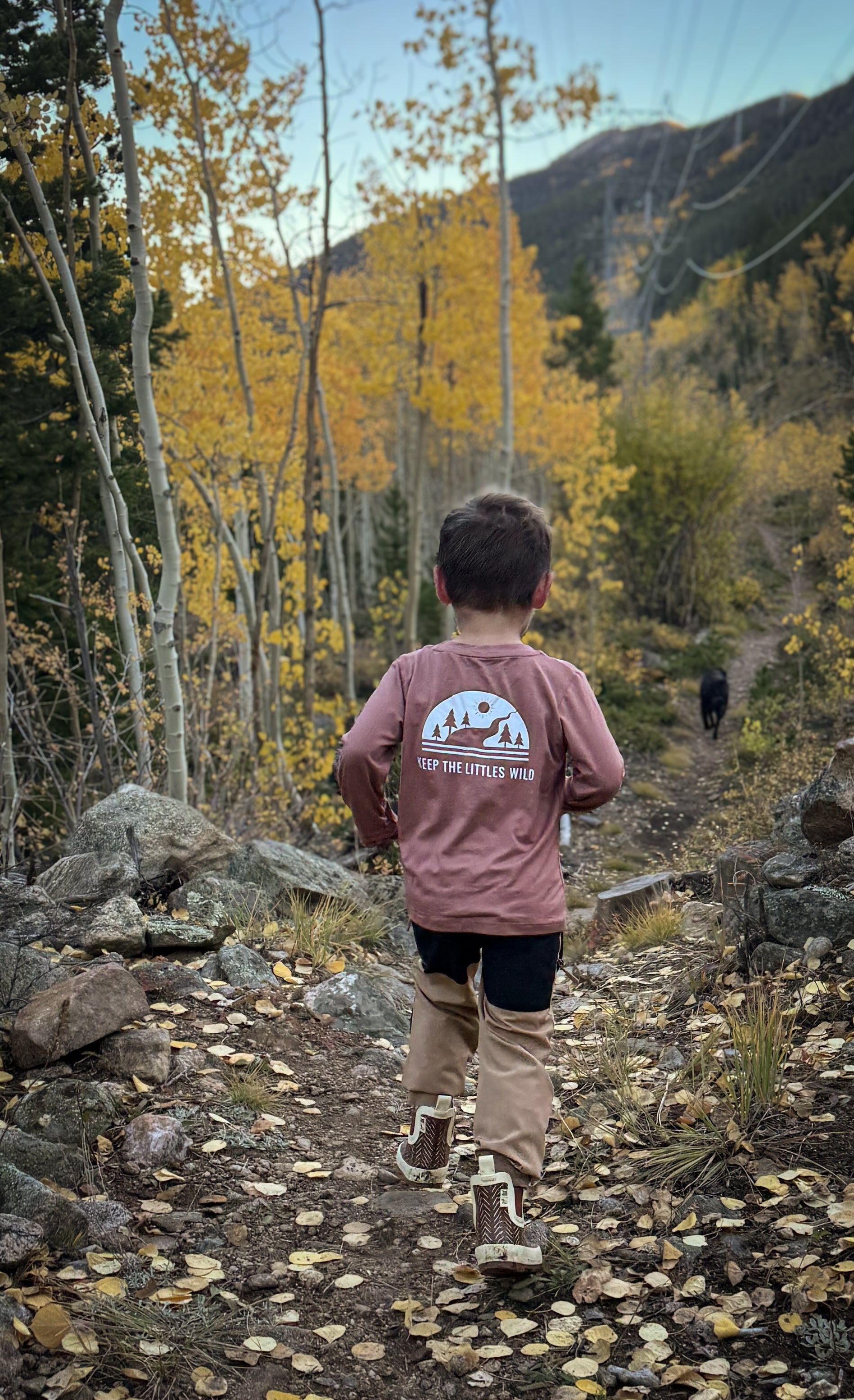 Child walking on a trail with autumn foliage and mountains in the background
