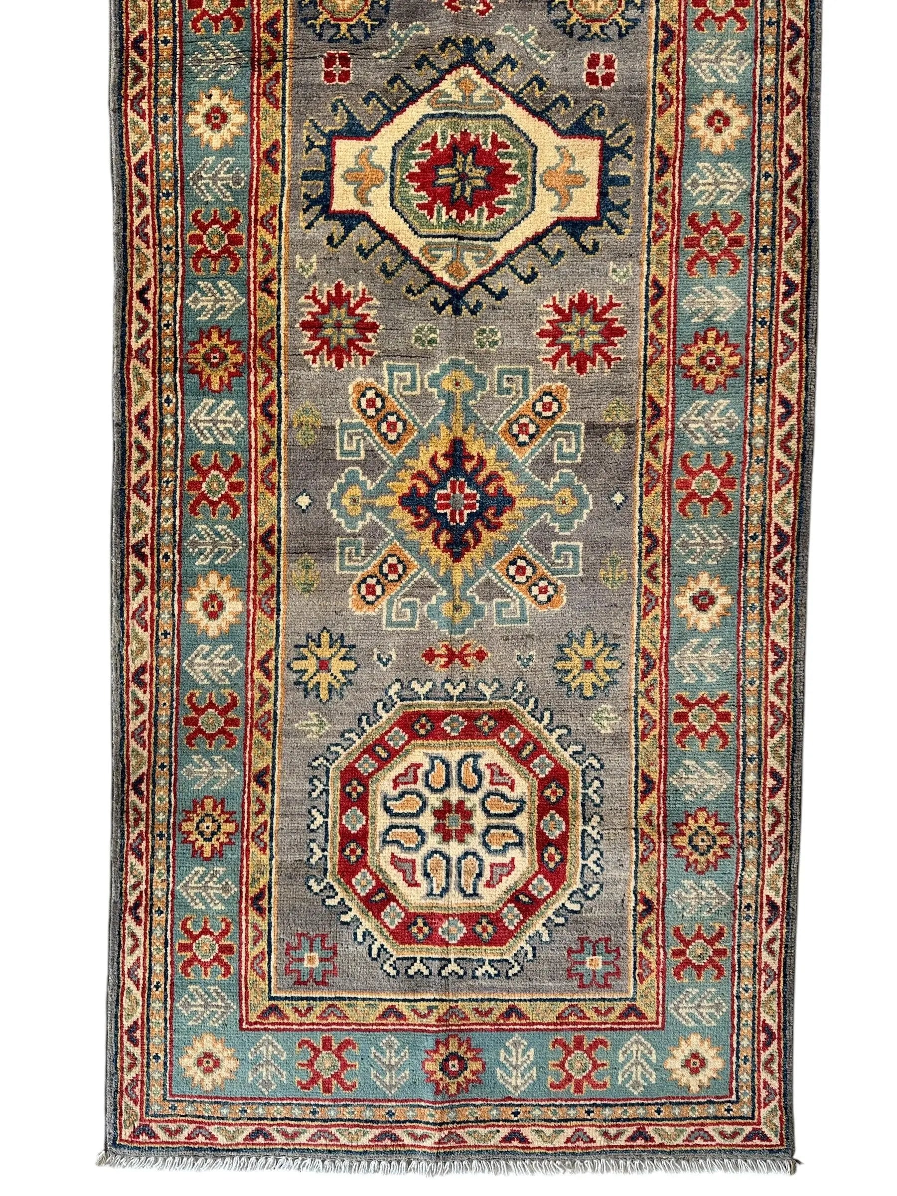 Hand-Knotted Afghan Kazak Wool Runner Rug – 2'7" x 12'3" – Traditional Geometric Design Rugistan