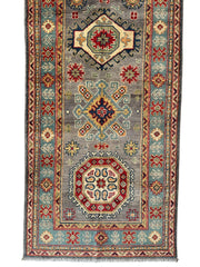 Hand-Knotted Afghan Kazak Wool Runner Rug – 2'7" x 12'3" – Traditional Geometric Design Rugistan