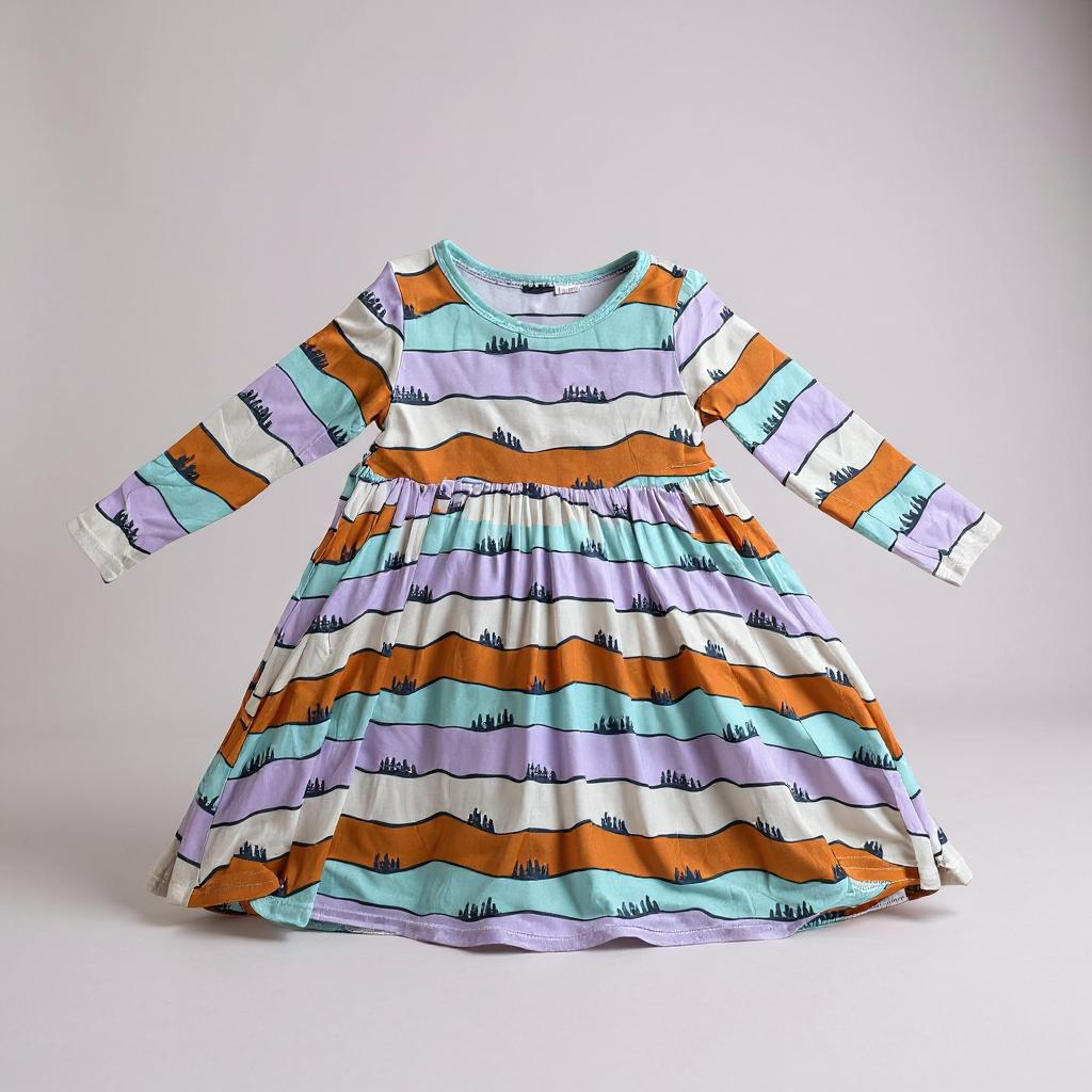 Colorful striped dress with long sleeves on a gray background